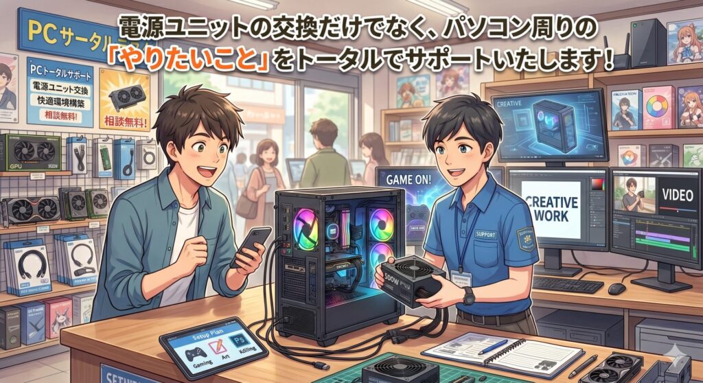 当店では、電源ユニットの交換だけでなく、パソコン周りの「やりたいこと」をトータルでサポートいたします。