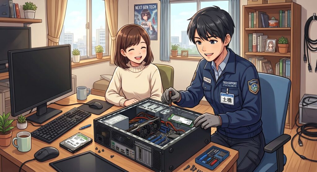 専門の技術スタッフがお客様のご自宅やオフィスへ直接お伺いし、内蔵ドライブの取り付け・交換作業をすべて代行いたします。