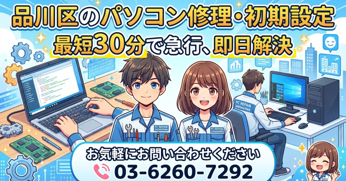 品川区のパソコン修理・初期設定｜最短30分で急行、即日解決 お気軽にお問い合わせください03-6260-7292