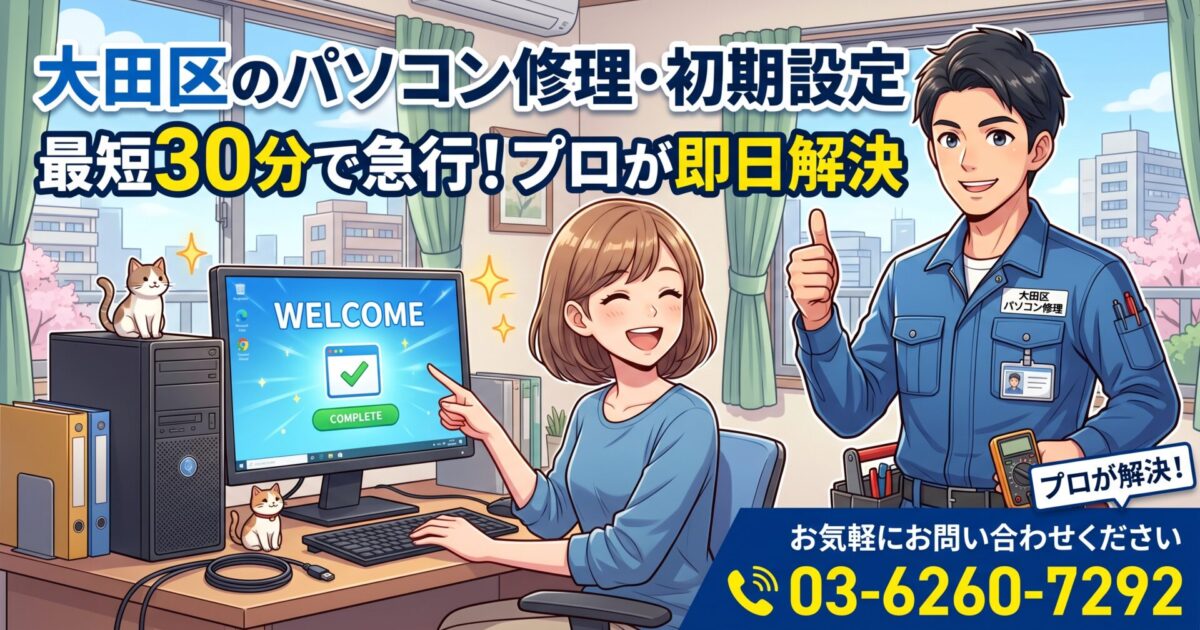 大田区のパソコン修理・初期設定｜最短30分で急行！プロが即日解決 お気軽にお問い合わせください03-6260-7292