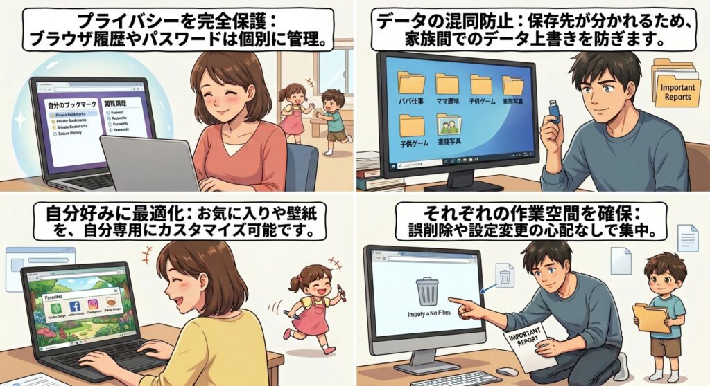 ユーザーアカウントを分けるメリット

アカウントを追加すれば、1台のパソコンの中に「自分専用の部屋」が完成します。



プライバシーを完全保護： ブラウザ履歴やパスワードは個別に管理。

データの混同防止： 保存先が分かれるため、家族間でのデータ上書きを防ぎます。

自分好みに最適化： お気に入りや壁紙を、自分専用にカスタマイズ可能です。