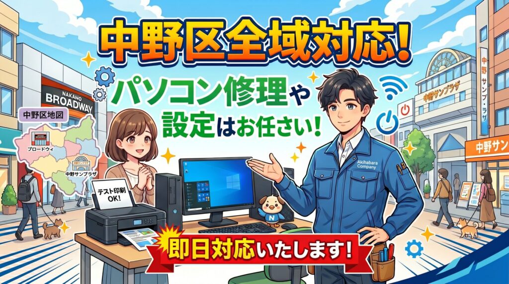 中野区全域対応！

パソコン修理や設定はお任せください！

即日対応いたします！