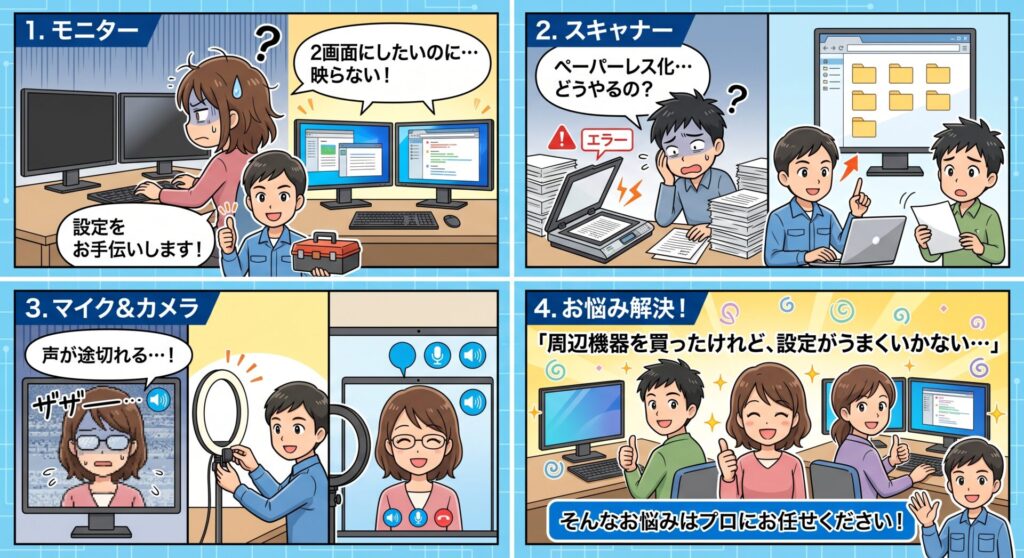「周辺機器を買ったけれど、設定がうまくいかない…」そんなお悩みはプロにお任せください！
「モニターを2枚にして作業効率を上げたい」「スキャナーを導入してペーパーレス化したい」「Web会議用にマイクやカメラを新調した」……。 便利な周辺機器ですが、いざ接続してみると「認識しない」「使い方がわからない」といったトラブルがつきものです。