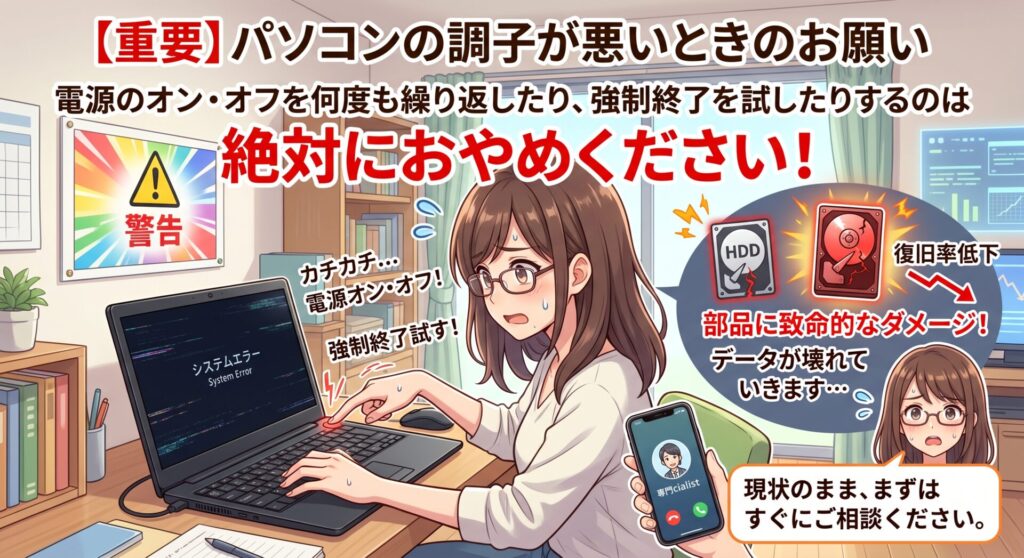 電源のオン・オフを何度も繰り返したり、強制終了を試したりするのは絶対におやめください。