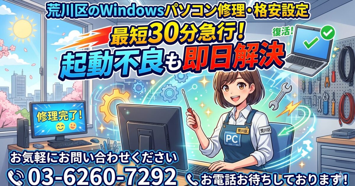 荒川区のWindowsパソコン修理・格安設定｜最短30分急行！起動不良も即日解決 お気軽にお問い合わせください03-6260-7292