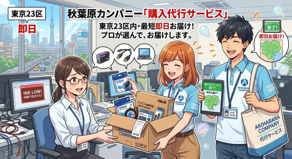 秋葉原カンパニーの「購入代行サービス」は、東京23区内であれば、どこでも最短【即日】でスタッフが出張し、お客様の代わりに必要な機材や消耗品を買い出し・お届けするサービスです。

「印刷したいのにインクが切れてしまった」 「急なトラブルでケーブルが必要だけど、規格が多すぎてどれを買えばいいか分からない」 「パソコンが故障して今すぐ買い替えたいが、スペックの選び方が合っているか不安」

このような、今すぐ解決したいパソコントラブルや周辺機器の選定でお困りの際は、ぜひ私たちにお任せください。プリンターのインクや各種ケーブルなどの消耗品から、最適なスペックのパソコン本体まで、プロの目線で確実に選定し、お客様に代わって購入を代行いたします。