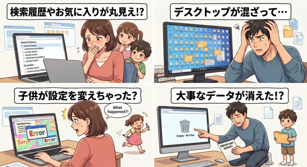 【1台のパソコン、家族みんなで「そのまま」使っていませんか？】 ご家族で同じパソコンを共有していると、こんなお困りごとはないでしょうか。

自分の検索履歴や「お気に入り」が家族に丸見えで気まずい
デスクトップが混ざって、大事な仕事のファイルが見つからない
子供が誤って設定を変えたり、大切なデータを消したりしないか不安