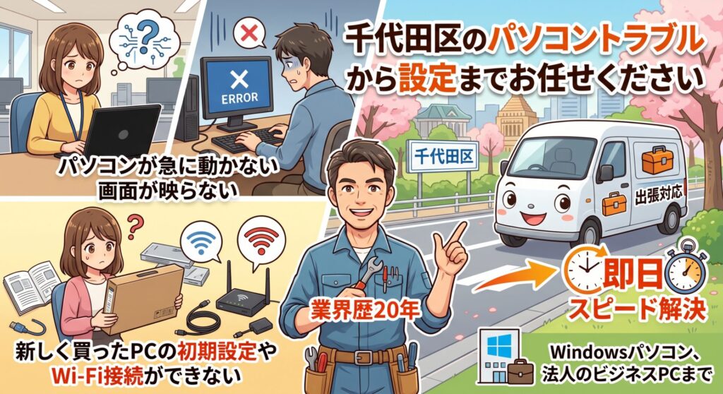 千代田区のパソコントラブルから設定までお任せください

「パソコンが急に動かない」「画面が映らない」「新しく買ったPCの初期設定やWi-Fi接続ができない」など、千代田区でのパソコントラブル・設定のお悩みは当店にお任せください。

千代田区エリアを毎日巡回・出張対応しているからこそ、どこよりも早い「即日スピード解決」をお約束します。Windowsパソコン、法人のビジネスPCまで、お気軽にご相談ください。