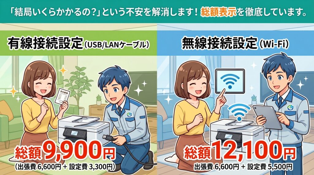 「結局いくらかかるの？」という不安を解消するため、総額表示を徹底しています。



プリンタ接続設定

有線接続設定（USB/LANケーブル） 総額 9,900円（出張費 6,600円 ＋ 設定費 3,300円）

無線接続設定（Wi-Fi） 総額 12,100円（出張費 6,600円 ＋ 設定費 5,500円）