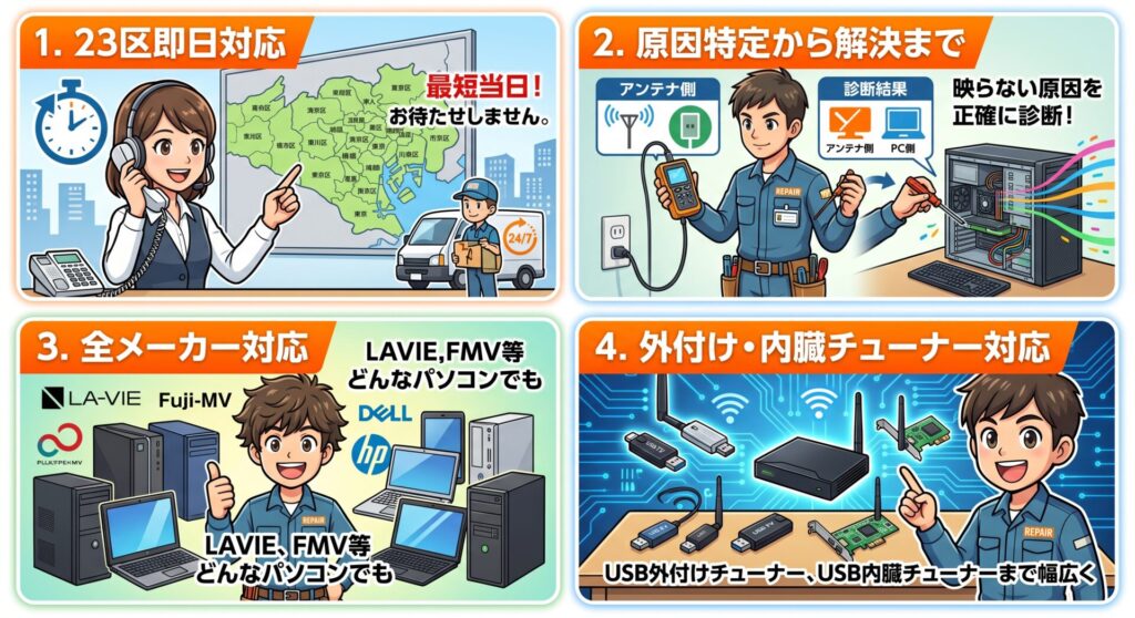 【選ばれる3つの理由】
23区即日対応: お電話一本で最短当日にお伺い。お待たせしません。
原因特定から解決まで: 映らない原因がPC側かアンテナ側かを正確に診断します。
全メーカー・外付け対応: メーカー製PC(LAVIE, FMV等)から、USB外付けチューナー、USB内臓チューナーまで幅広く対応。