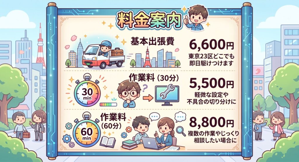 料金案内



項目

料金（税込）

内容

基本出張費

6,600円

東京23区どこでも即日駆けつけます

作業料（30分）

5,500円

軽微な設定や不具合の切り分けに

作業料（60分）

8,800円

複数の作業やじっくり相談したい場合に