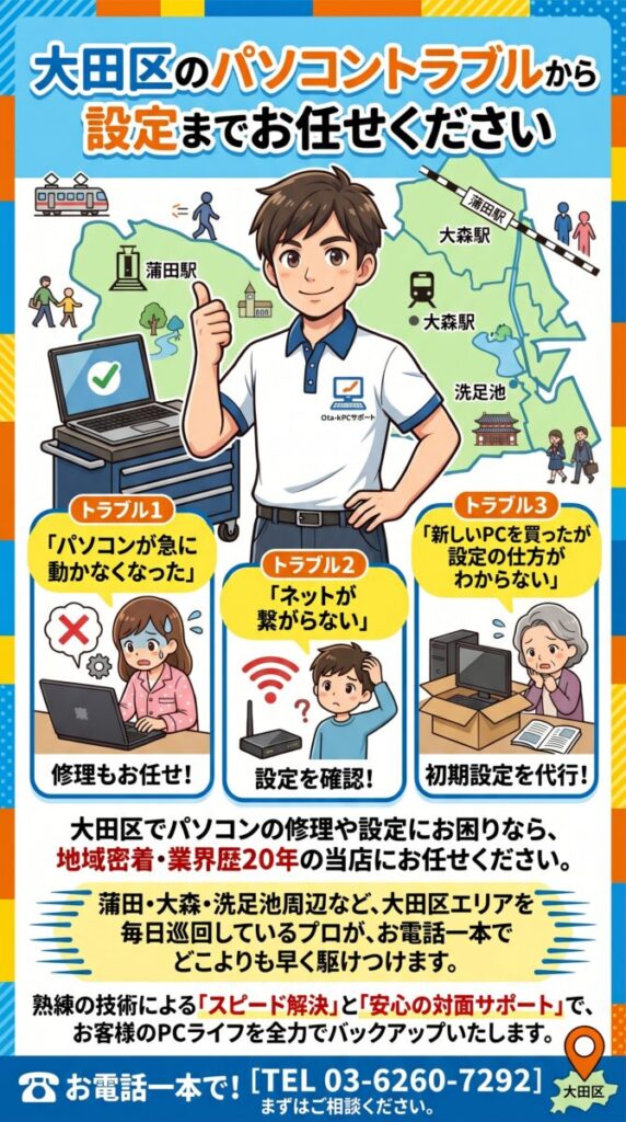 大田区のパソコントラブルから設定までお任せください 「パソコンが急に動かなくなった」「ネットが繋がらない」「新しいPCを買ったが設定の仕方がわからない」 大田区でパソコンの修理や設定にお困りなら、地域密着・業界歴20年の当店にお任せください。 蒲田・大森・洗足池周辺など、大田区エリアを毎日巡回しているプロが、お電話一本でどこよりも早く駆けつけます。熟練の技術による「スピード解決」と「安心の対面サポート」で、お客様のPCライフを全力でバックアップいたします。