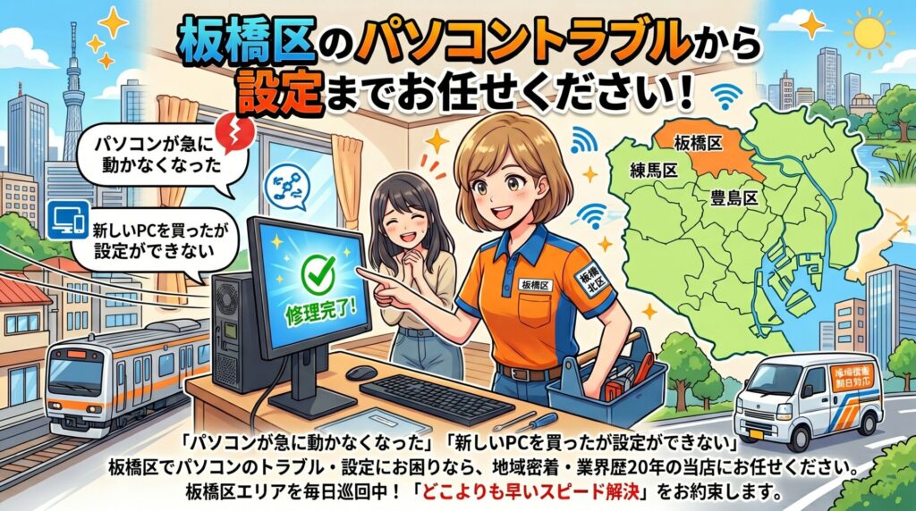 板橋区のパソコントラブルから設定までお任せください

「パソコンが急に動かなくなった」「新しいPCを買ったが設定ができない」北区でパソコンのトラブル・設定にお困りなら、地域密着・業界歴20年の当店にお任せください。板橋区エリアを毎日巡回しているからこそできる、「どこよりも早いスピード解決」をお約束します。