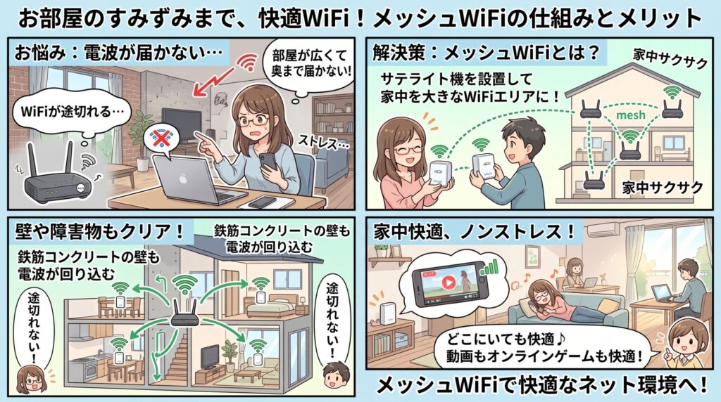 「部屋が広くて奥まで電波が届かない」「鉄筋コンクリートの壁のせいでWiFiが途切れる」といったお悩みはありませんか？そんなストレスを解消し、お部屋の隅々まで快適なネット環境を作るなら、「メッシュWiFi」の導入が最も効果的です。