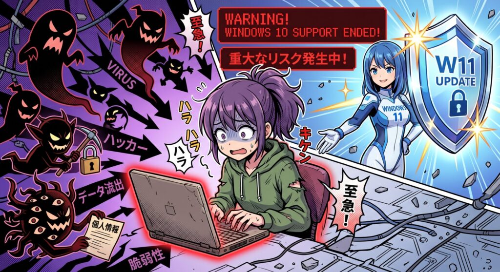 Windows 10のサポートが終了しました

Windows 10は、2025年10月をもってすべてのサポートが終了いたしました。サポートが切れたパソコンを使い続けることは、ウイルス感染や個人情報漏洩の大きなリスクを伴います。もしまだWindows 10をお使いの方がいらっしゃいましたら、大至急Windows 11へのアップグレードをお勧めします。