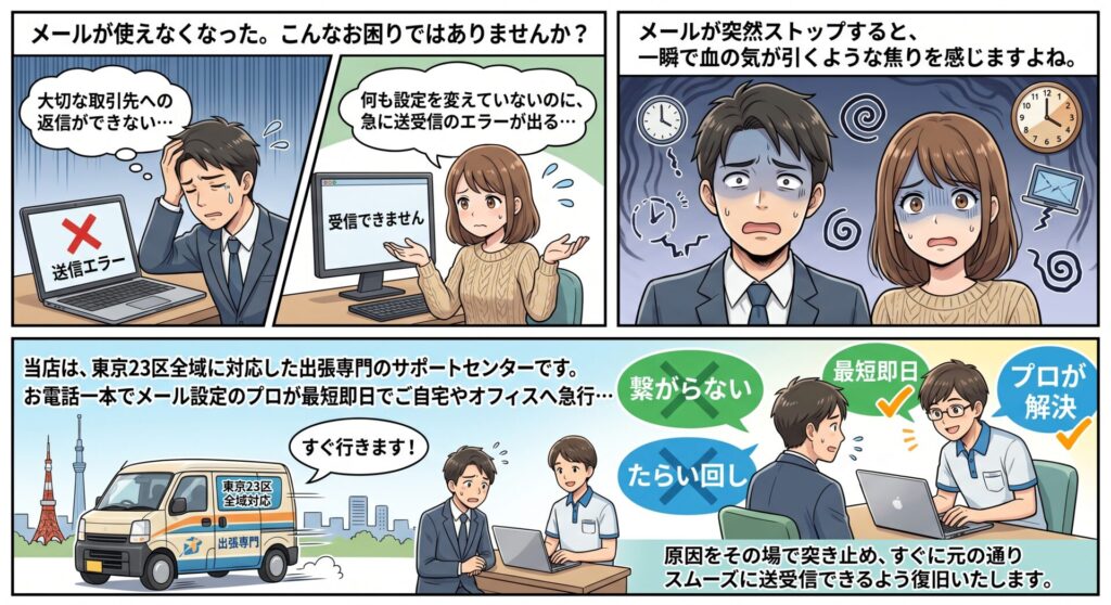 メールが使えなくなった。こんなお困りではありませんか？

「大切な取引先への返信ができない…」 「何も設定を変えていないのに、急に送受信のエラーが出る…」

ビジネスや日常生活のライフラインであるメールが突然ストップすると、一瞬で血の気が引くような焦りを感じますよね。どこが悪いのか原因がわからないまま時間だけが過ぎ、相手を待たせているストレスは計り知れません。

当店は、東京23区全域に対応した出張専門のサポートセンターです。プロバイダの電話窓口のように「全く繋がらない」「たらい回しにされる」ということはありません。お電話一本でメール設定のプロが最短即日でご自宅やオフィスへ急行し、原因をその場で突き止め、すぐに元の通りスムーズに送受信できるよう復旧いたします。