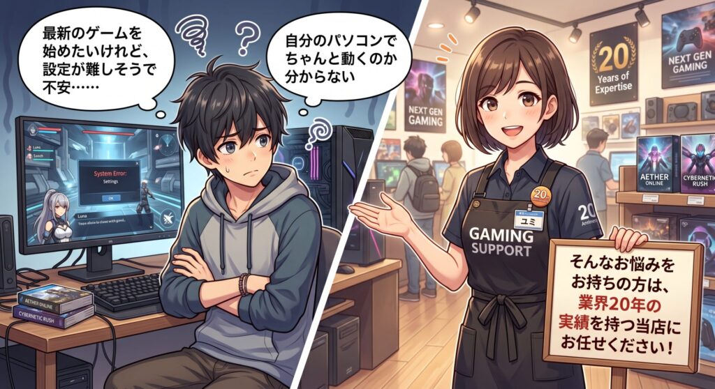 「最新のゲームを始めたいけれど、設定が難しそうで不安……」 「自分のパソコンでちゃんと動くのか分からない」 そんなお悩みをお持ちの方は、業界20年の実績を持つ当店にお任せください！