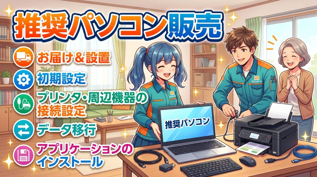 推奨パソコン販売 お届け＆設置 初期設定 プリンタ・周辺機器の接続設定 データ移行 アプリケーションのインストール