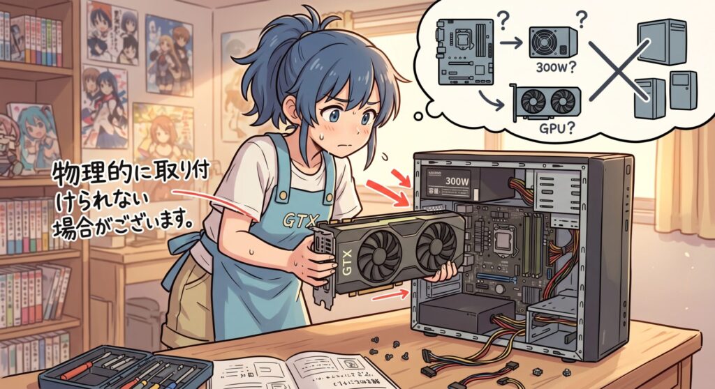 パソコンの本体サイズ（スリムタワーなど）やマザーボードの規格、電源ユニットの容量によっては、物理的にご希望のボードが取り付けられない場合がございます。