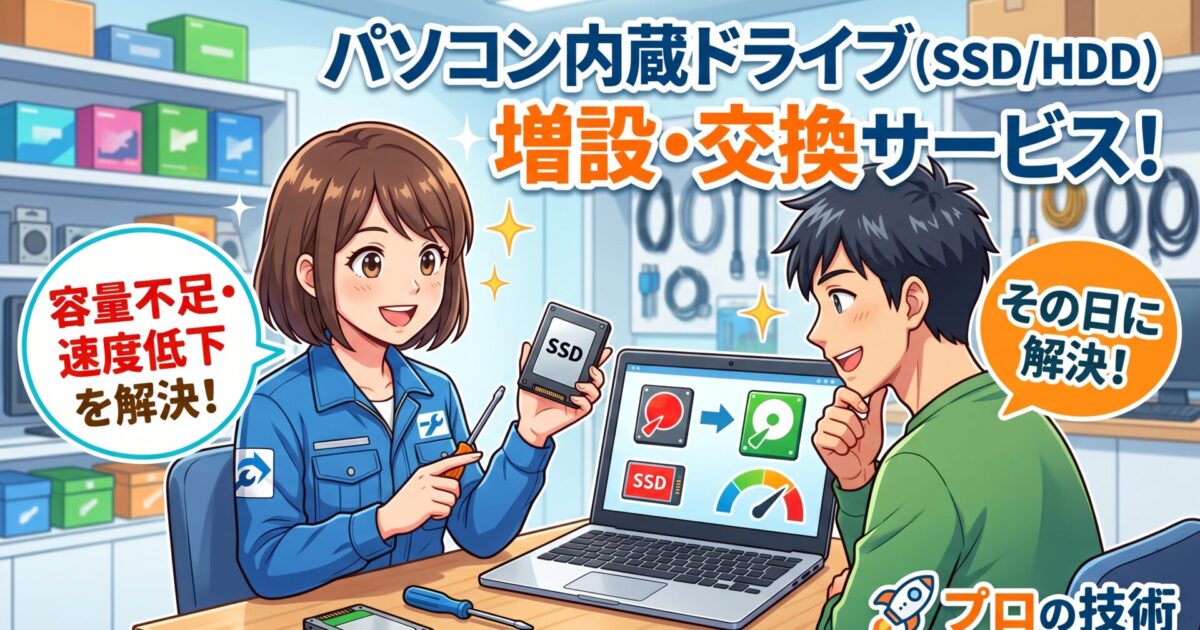 パソコンの内蔵ドライブ（SSD/HDD）増設・交換サービス！容量不足や速度低下をプロがその日に解決