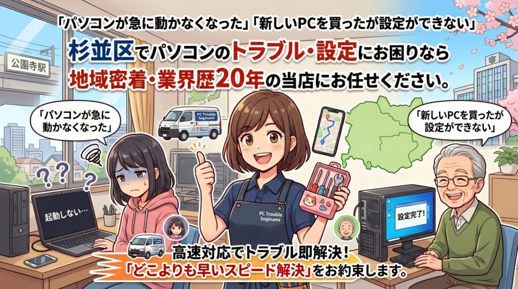 「パソコンが急に動かなくなった」「新しいPCを買ったが設定ができない」 杉並区でパソコンのトラブル・設定にお困りなら、地域密着・業界歴20年の当店にお任せください。杉並区エリアを毎日巡回しているからこそできる、「どこよりも早いスピード解決」をお約束します。