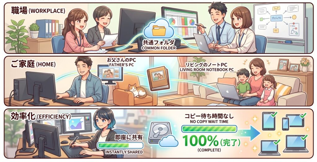 ■ こんな場面でファイル共有が活躍します



職場で： 複数のスタッフで同じエクセル資料を更新したい、社内共通のフォルダを作りたい。

ご家庭で： お父さんのパソコンにある家族写真を、リビングのノートPCで見たい。

効率化： 大容量データもコピー待ち時間なしで即座に共有。