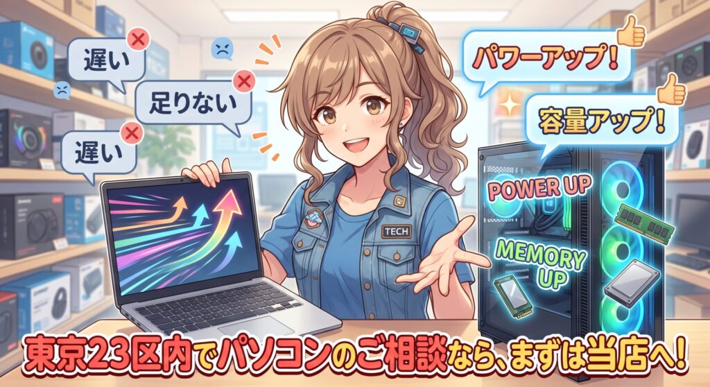 パソコンの「遅い」「足りない」を我慢して使い続ける必要はありません。東京23区内でパソコンのパワーアップ・容量アップをご検討中なら、まずは当店へお気軽にご相談ください！