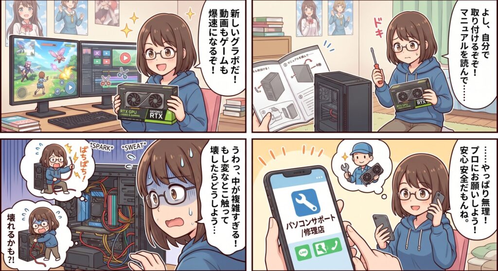 確実な物理設置： 静電気対策を徹底し、マザーボードや他のパーツを傷つけることなく美しく配線・組み込みを行います。

ドライバーおよび初期設定の完遂： ボードが100%の性能を発揮できるよう、最新のドライバーを導入し、システムの競合を起こさないよう綺麗にセットアップします。

相性問題の切り分け： 万が一、パーツの初期不良やPCとの相性問題で動かない場合も、プロの機材と技術で即座に原因を特定します。