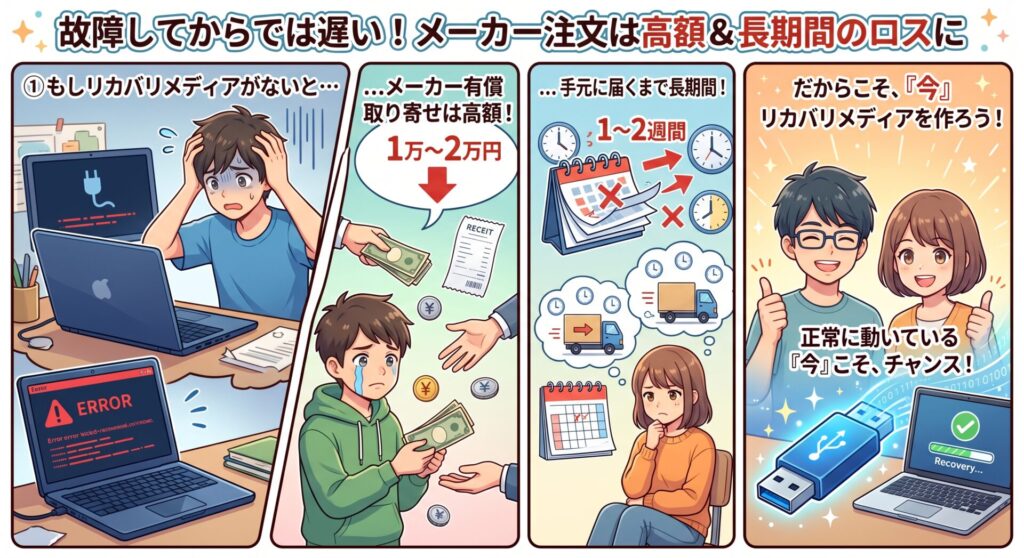 故障してからでは遅い！メーカー注文は高額＆長期間のロスに

もしリカバリメディアを作らないままパソコンが完全に故障してしまった場合、メーカーから有償で取り寄せなければなりません。その場合の費用は1万〜2万円と高額。さらに、手元に届くまでに1〜2週間もの時間がかかってしまいます。

その間、仕事の書類作成も、プライベートでの利用もすべてストップしてしまいます。パソコンが正常に動いている「今」こそが、リカバリメディアを作成する唯一無二のチャンスなのです。