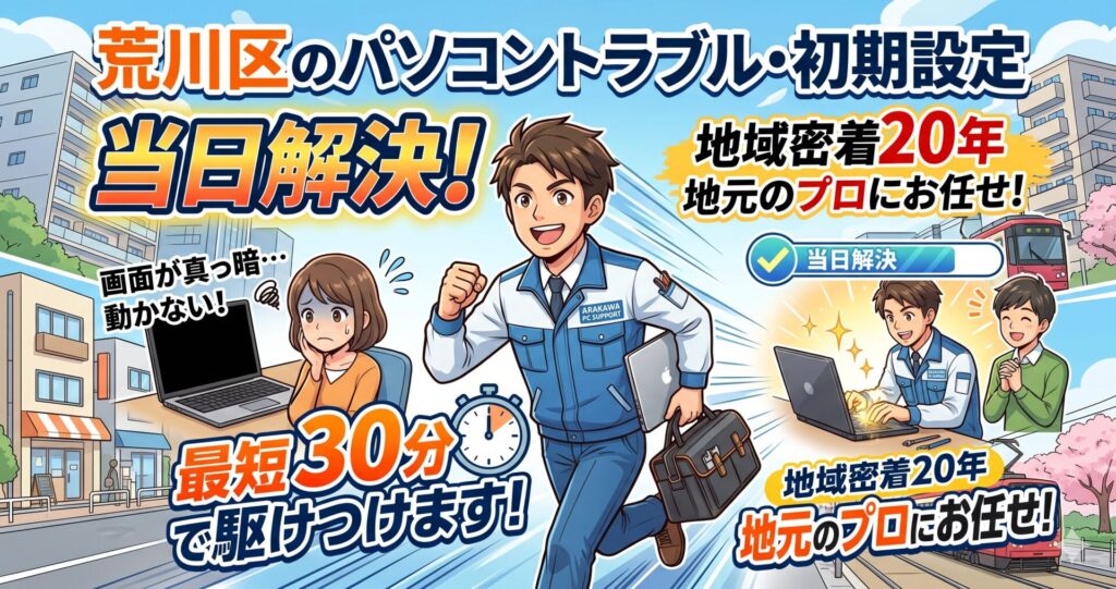荒川区のパソコントラブル・初期設定は当日解決！最短30分で駆けつけます

「画面が真っ暗になった」「今すぐ仕事で使いたいのに動かない」……そんな荒川区のパソコントラブルは、地域密着20年の当店へ。エリア内を毎日巡回しているため、どこよりも早いスピード訪問が可能です。初期設定からデータ復旧まで、地元のプロが即日解決をお約束します。