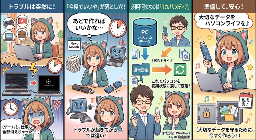 「パソコンが突然動かなくなった…」その時になってからでは遅すぎます！

パソコンのトラブルはある日突然やってきます。画面が真っ暗なまま起動しない、システムが破損してしまった……そんな万が一の深刻なトラブル時に、パソコンを工場出荷時の初期状態に戻して復活させるために絶対必要なのが「リカバリメディア（回復ドライブ）」です。

あなたは今、その準備ができていますか？

「設定の仕方がよくわからない」「面倒だから今度でいいやと後回しにしていた」という方が実は非常に多いのが現状です。しかし、ここに大きな落とし穴があります。
