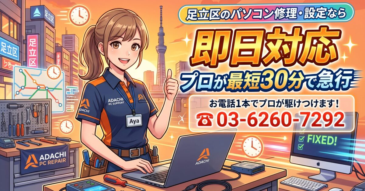 足立区のパソコン修理・設定なら即日対応｜プロが最短30分で急行 電話番号03-6260-7292