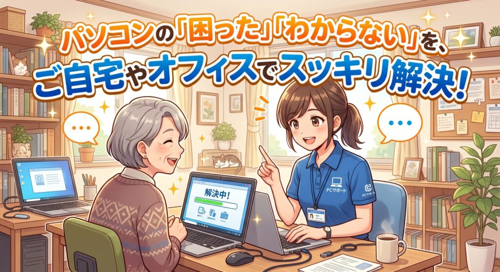 パソコンの「困った」「わからない」を、ご自宅やオフィスでスッキリ解決しませんか？
