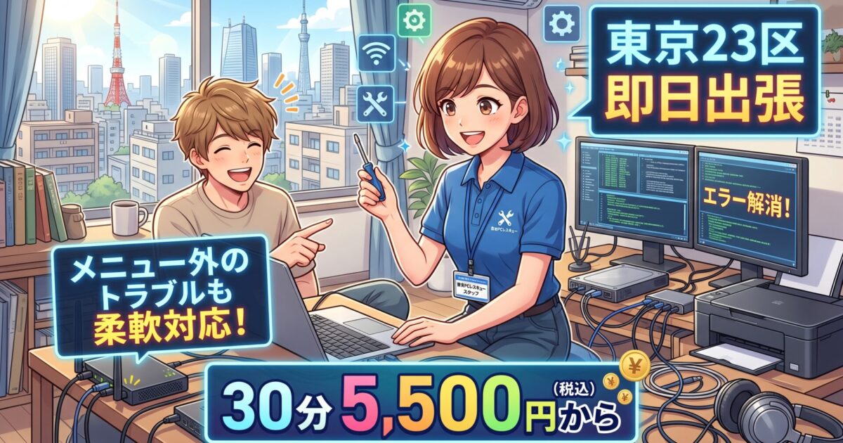 東京23区即日出張｜メニュー外のPC設定・周辺機器トラブルも30分5,500円から柔軟対応