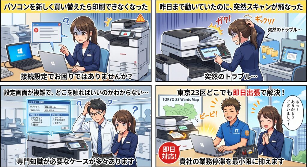 業務用プリンタの接続設定・トラブルでお困りではありませんか？

「パソコンを新しく買い替えたら印刷できなくなった」 「昨日まで動いていたのに、突然スキャンが飛ばなくなった」 「設定画面が複雑で、どこを触ればいいのかわからない……」

業務用プリンタや複合機のネットワーク設定は、専門知識が必要なケースが多々あります。 当店では、東京23区どこでも即日出張で、貴社の業務停滞を最小限に抑えます。