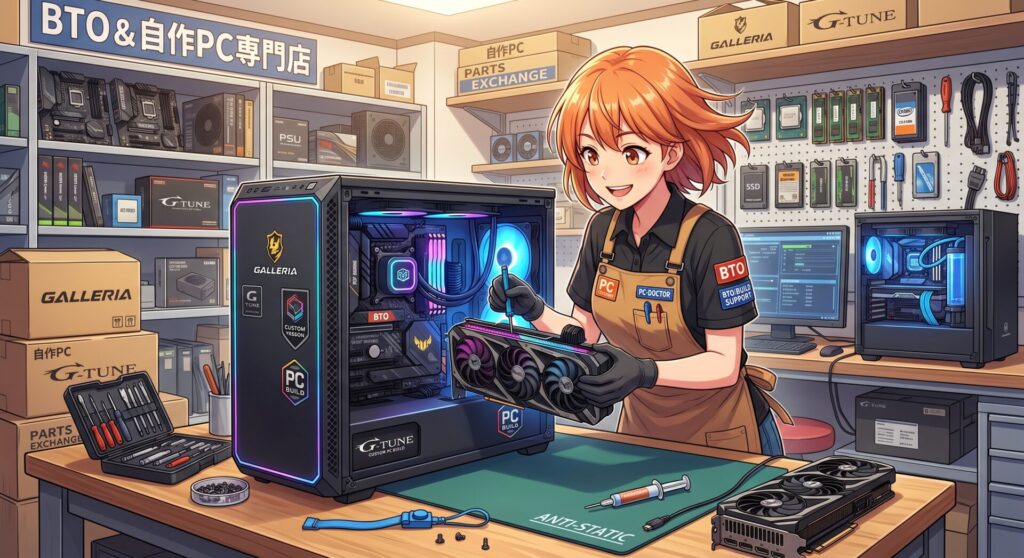 メーカー製パソコンだけでなく、他店で断られやすい「BTOパソコン（ガレリア、G-Tuneなど）」や「自作PC」のパーツ交換も得意としております。