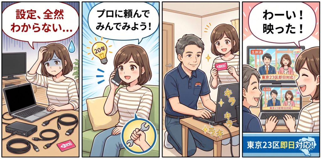 「パソコンでテレビが見たい」「設定がうまくいかない」その悩み、プロが即日解決します!
「新しく買ったパソコンにテレビ機能がついているが設定がわからない」 「外付けチューナーを買ったのに、配線やソフトのインストールで躓いている」 「昨日まで映っていたのに、急に画面が真っ暗になった」
パソコンでのテレビ視聴には、B-CASカードの認識、アンテナの分配、ドライバーのインストールなど、意外と高いハードルがあります。PCサポート歴20年の専門家が、東京23区どこでもご自宅・オフィスへ即日お伺いし、面倒な設定をすべて代行いたします。
