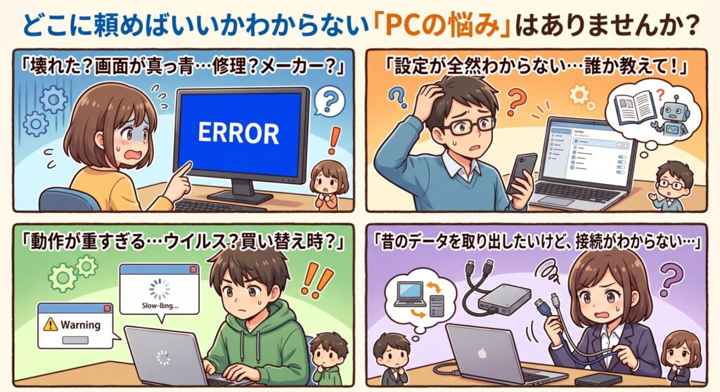 どこに頼めばいいかわからない「PCの悩み」はありませんか？

パソコンを使っていて、「標準的な修理メニューにはないけれど、これだけやってほしい」というお悩みは意外と多いものです。秋葉原を拠点とする当店では、20年以上のキャリアを持つベテランエンジニアが、お客様の「ちょっと困った」に柔軟にお応えします。