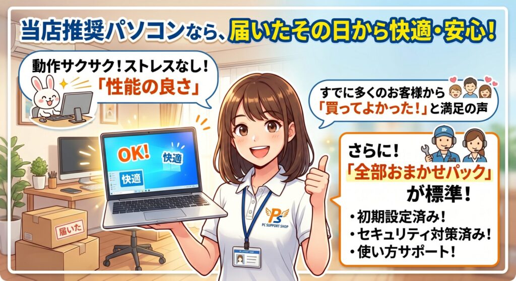 当店推奨パソコンなら、届いたその日から快適・安心！

当店が自信を持っておすすめする推奨パソコンは、動作がサクサクでストレスのない「性能の良さ」と「快適なパソコンライフ」をお約束する1台です。すでに多くのお客様から「買ってよかった！」と満足の声をいただいております。

さらに、パソコンサポート専門店ならではの「全部おまかせパック」が標準で付いてきます！
