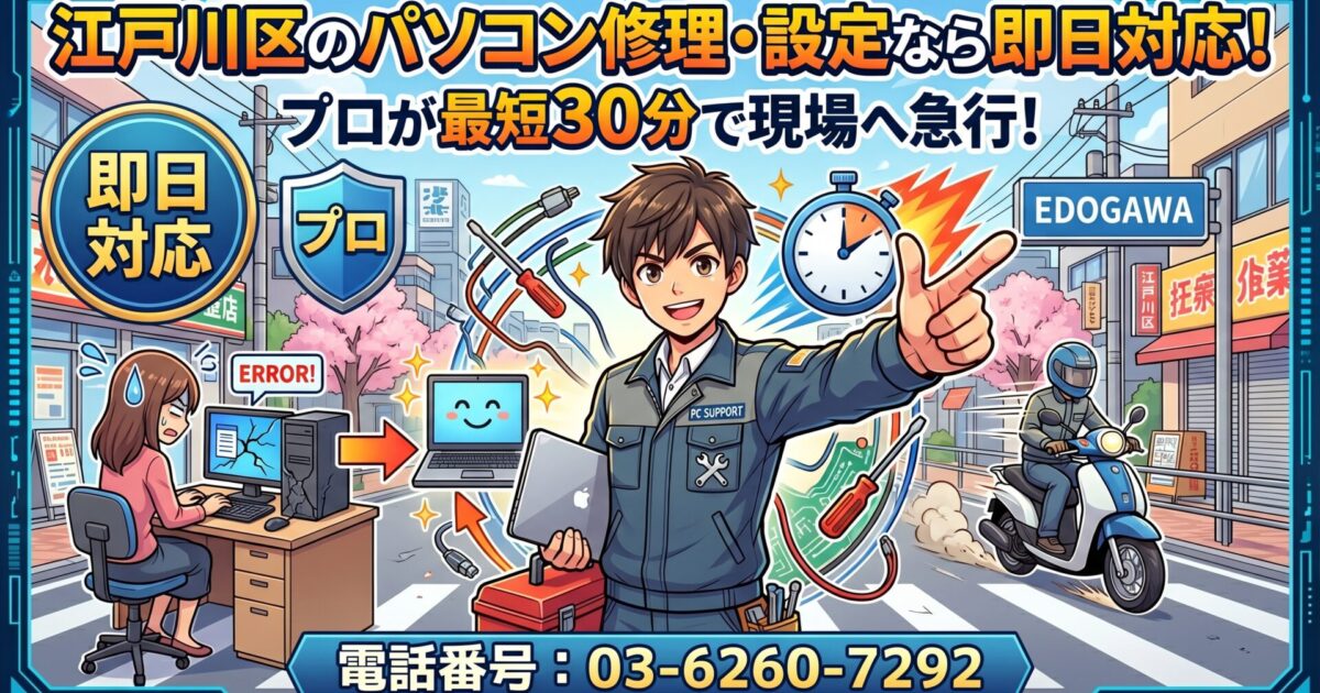 江戸川区のパソコン修理・設定なら即日対応！プロが最短30分で現場へ急行！ お気軽にお問い合わせください03-6260-7292