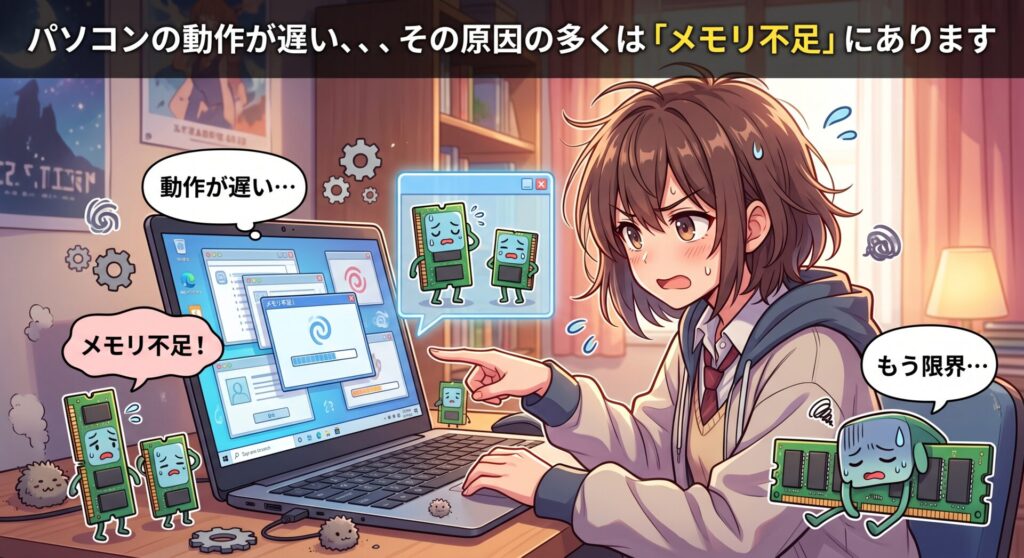 パソコンの動作が遅い、、、その原因の多くは「メモリ不足」にあります