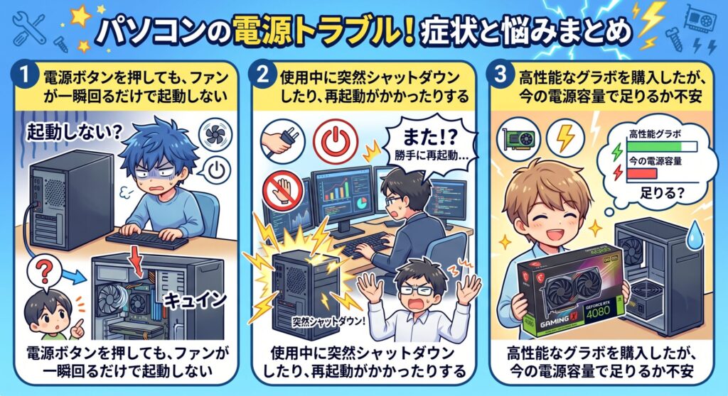 電源ボタンを押しても、ファンが一瞬回るだけで起動しない
使用中に突然シャットダウンしたり、再起動がかかったりする
高性能なグラボを購入したが、今の電源容量で足りるか不安