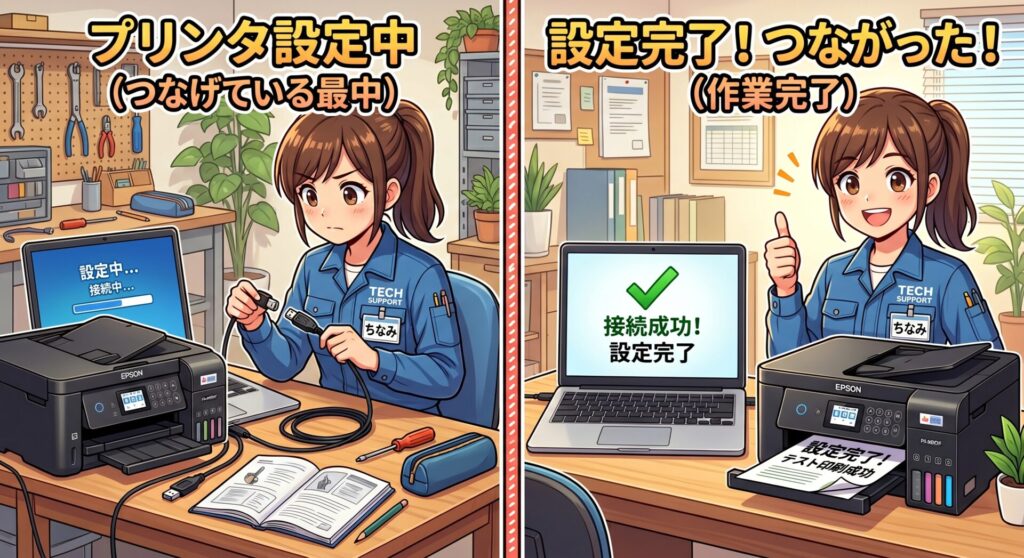 プリンタの設定でパソコンとつなげてる最中　左側

プリンタの設定完了でパソコンとつながった　右側

どちらも作業員が作業していること