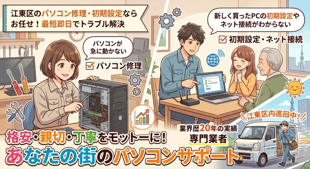 江東区全域対応！

パソコン修理や設定はお任せください！

即日対応いたします！