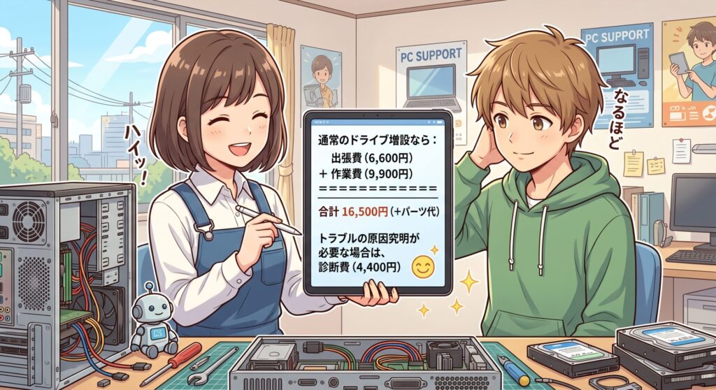 通常のドライブ増設なら： 出張費（6,600円）＋ 作業費（9,900円）＝ 合計16,500円（＋パーツ代） 

トラブルの原因究明が必要な場合は、診断費（4,400円）