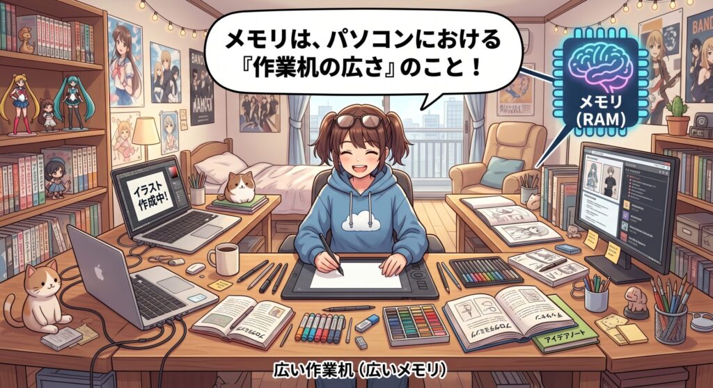メモリとは、パソコンにおける「作業机の広さ」のことです。