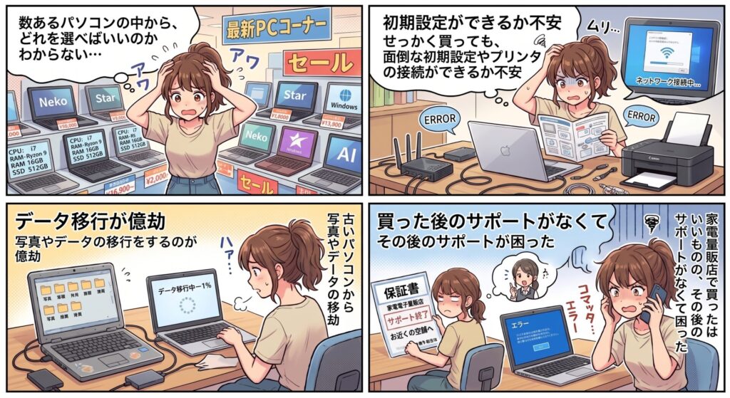 「数あるパソコンの中から、どれを選べばいいのかわからない…」

「せっかく買っても、面倒な初期設定やプリンタの接続ができるか不安」

「古いパソコンから写真やデータの移行をするのが億劫」

「家電量販店で買ったはいいものの、その後のサポートがなくて困った」