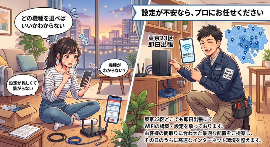 設定が不安なら、プロにお任せください

「どの機種を選べばいいかわからない」「設定が難しくて繋がらない」という方もご安心ください。 当店では、東京23区どこでも即日出張にてWiFiの構築・設定を承っております。お客様の間取りに合わせた最適な配置をご提案し、その日のうちに高速なインターネット環境を整えます。