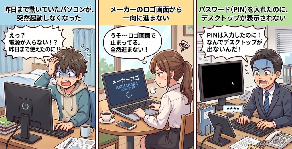 突然のパソコン故障……その大切なデータ、諦めないでください！

「昨日まで動いていたパソコンが、突然起動しなくなった」

「メーカーのロゴ画面から一向に進まない」

「パスワード（PIN）を入れたのに、デスクトップが表示されない」