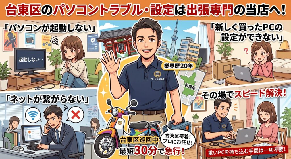 台東区全域対応！

パソコン修理や設定はお任せください！

即日対応いたします！